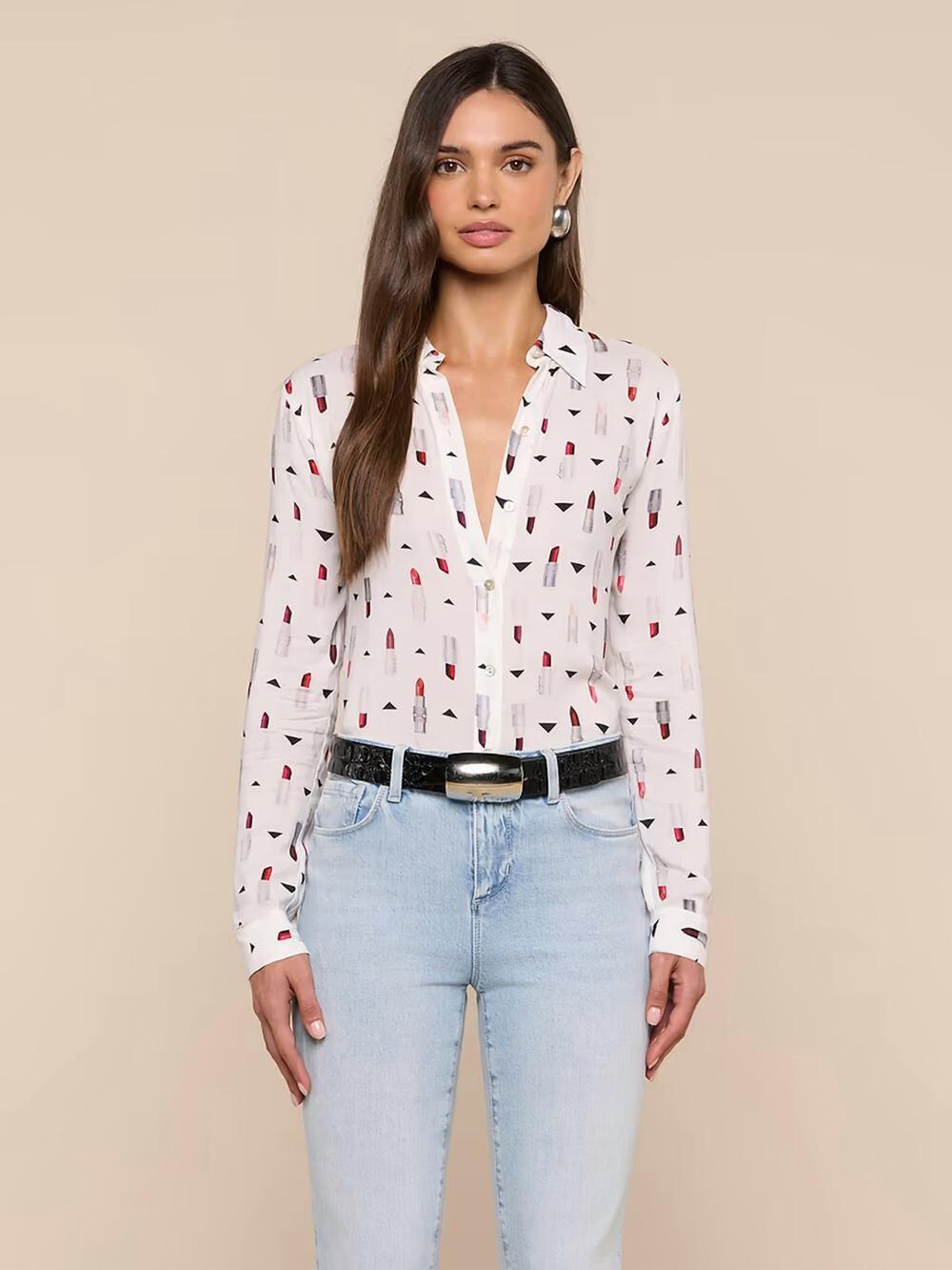L'Agence Holly Long Sleeve Blouse Ivory Multi Lipstick Geo L NWT Elevated Chic